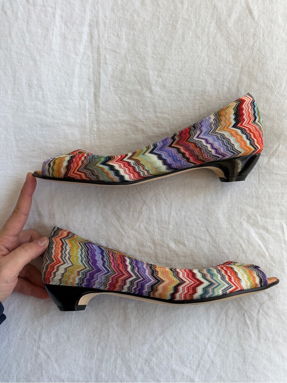 Vintage Missoni Zoe Chevron Knit Patent Leather Open Toe Kitten Heels Sandals